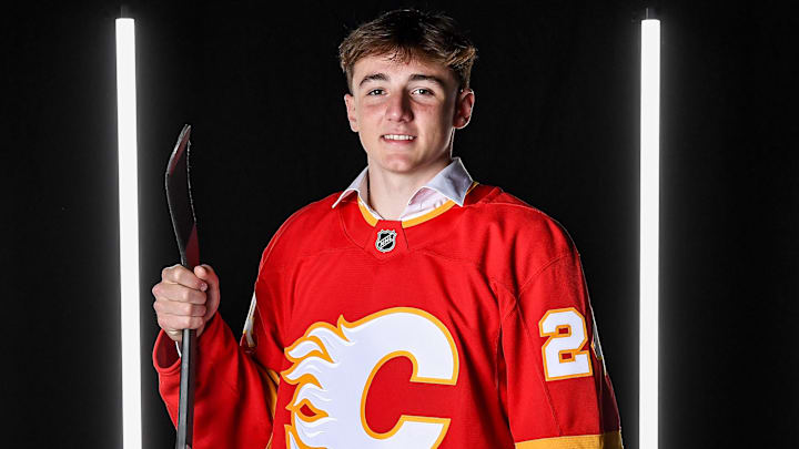 LAS VEGAS, NEVADA - JUNE 29: Jacob Battaglia poses for a portrait after being drafted by the Calgary Flames with the 62nd overall pick in the 2024 Upper Deck NHL Draft at Sphere on June 29, 2024 in Las Vegas, Nevada. (Photo by Candice Ward/Getty Images)