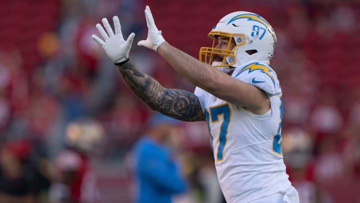 Los Angeles Chargers tight end Hunter Kampmoyer (87) catches the football during warm ups before the start of the first quarter against the San Francisco 49ers at Levi's Stadium. 