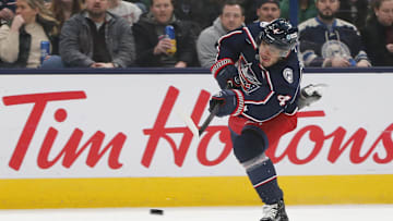 Feb 25, 2025; Columbus, Ohio, USA; Columbus Blue Jackets center Cole Sillinger (4) shoots against the Dallas Stars during the second period at Nationwide Arena. Mandatory Credit: Russell LaBounty-Imagn Images