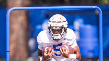 Florida Gators running back Treyaun Webb (5) runs a drill while carrying two balls during Fall practice at Sanders Practice Fields in Gainesville, FL on Thursday, August 8, 2024. [Doug Engle/Gainesville Sun]
