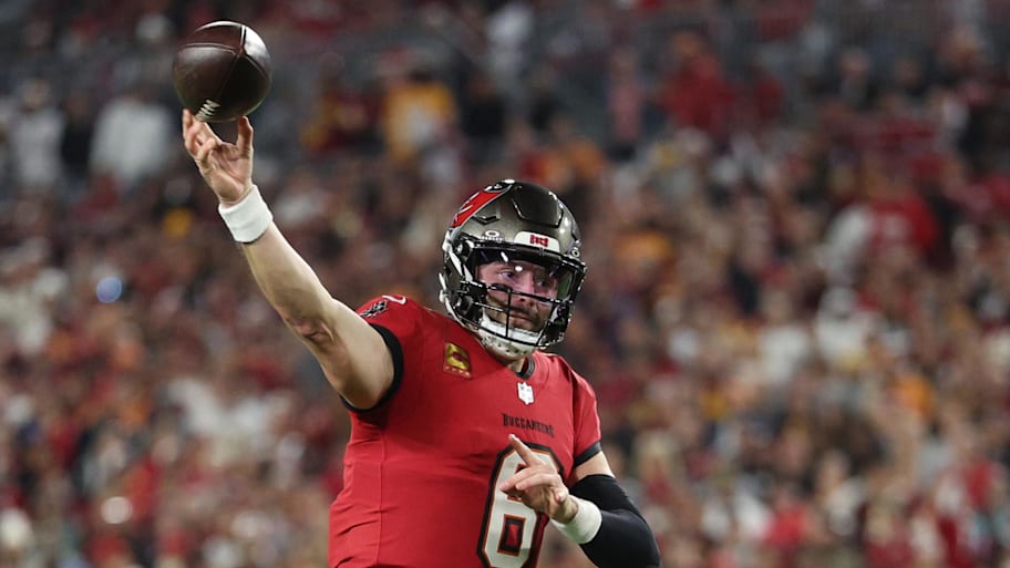 Jan 12, 2025; Tampa, Florida, USA; Tampa Bay Buccaneers quarterback Baker Mayfield (6) throws during the third quarter of a NFC wild card playoff against the Washington Commanders at Raymond James Stadium. Mandatory Credit: Nathan Ray Seebeck-Imagn Images | Nathan Ray Seebeck-Imagn Images