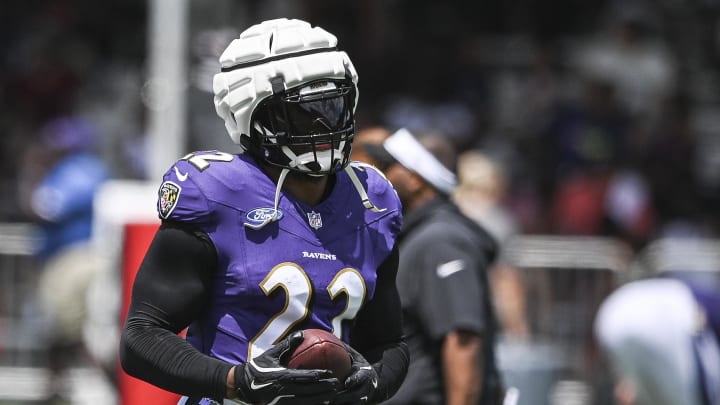 Jul 27, 2024; Owings Mill , MD, USA; Baltimore Ravens running back Derrick Henry (22) after a drill during the afternoon session of training camp at the Under Armour Performance Center,  Mandatory Credit: Tommy Gilligan-USA TODAY Sports