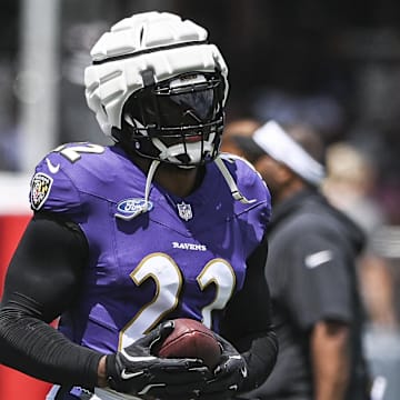 Jul 27, 2024; Owings Mill , MD, USA; Baltimore Ravens running back Derrick Henry (22) after a drill during the afternoon session of training camp at the Under Armour Performance Center,  Mandatory Credit: Tommy Gilligan-Imagn Images