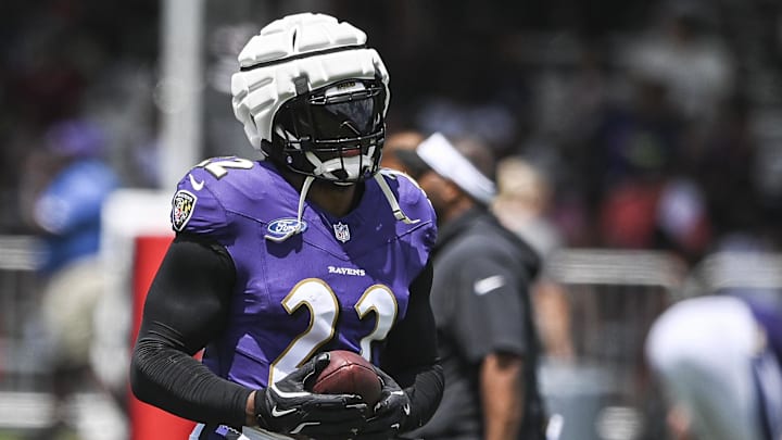 Jul 27, 2024; Owings Mill , MD, USA; Baltimore Ravens running back Derrick Henry (22) after a drill during the afternoon session of training camp at the Under Armour Performance Center,  Mandatory Credit: Tommy Gilligan-Imagn Images