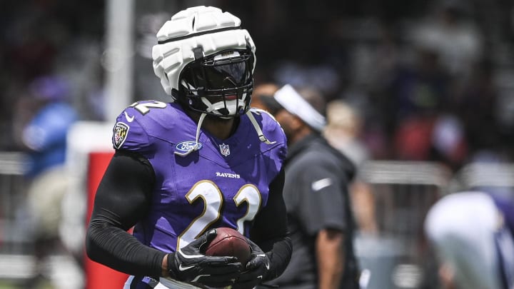 Baltimore Ravens running back Derrick Henry (22) after a drill during the afternoon session of training camp at the Under Armour Performance Center.