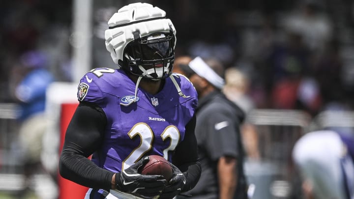 Baltimore Ravens running back Derrick Henry (22) after a drill during the afternoon session of training camp at the Under Armour Performance Center.