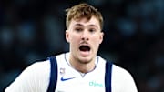 Oct 22, 2025; Dallas, Texas, USA;   Dallas Mavericks forward Cooper Flagg (32) reacts against the San Antonio Spurs during the first half  at American Airlines Center. Mandatory Credit: Kevin Jairaj-Imagn Images
