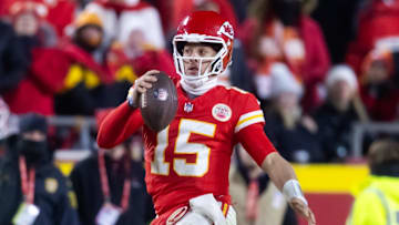 Jan 26, 2025; Kansas City, MO, USA; Kansas City Chiefs quarterback Patrick Mahomes (15) against the Buffalo Bills during the AFC Championship game at GEHA Field at Arrowhead Stadium. Mandatory Credit: Mark J. Rebilas-Imagn Images