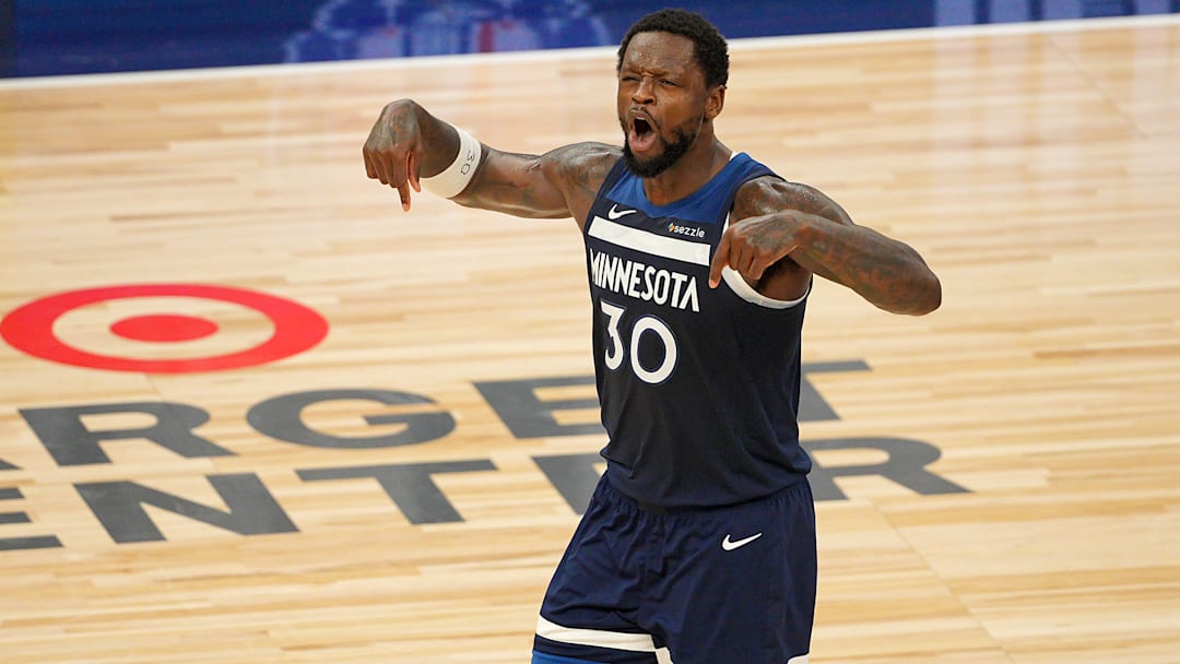 Minnesota Timberwolves forward Julius Randle reacts against the Oklahoma City Thunder during the second half in Game 3 of the Western Conference finals at Target Center in Minneapolis on May 24, 2025.