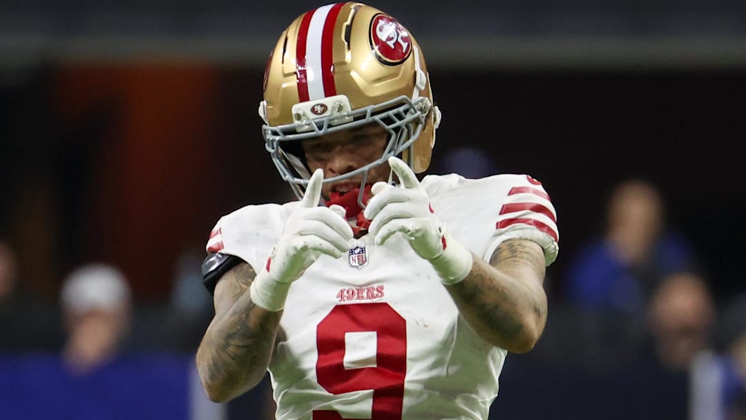 Dec 22, 2025; Indianapolis, Indiana, USA; San Francisco 49ers wide receiver Skyy Moore (9) celebrates after a play against the Indianapolis Colts in the second quarter of the game at Lucas Oil Stadium.