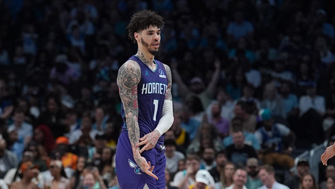 Charlotte Hornets guard LaMelo Ball (1) after scoring a three-point basket 