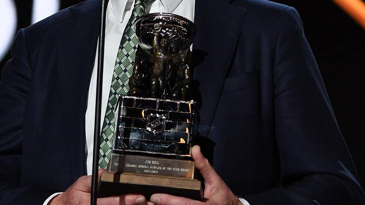 Jun 28, 2023; Nashville, Tennessee, USA; Dallas Stars general manager Jim Nill is awarded the Jim Gregory General Manager of the Year award during the first round of the 2023 NHL Draft at Bridgestone Arena. Mandatory Credit: Christopher Hanewinckel-Imagn Images