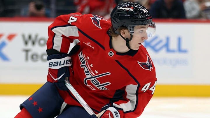 Mar 18, 2026; Washington, District of Columbia, USA; Washington Capitals defenseman Cole Hutson (44) controls the puck during the second period against the Ottawa Senators at Capital One Arena. Mandatory Credit: Daniel Kucin Jr.-Imagn Images
