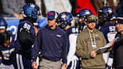 Nov 15, 2025; East Hartford, Connecticut, USA; UConn Huskies head coach Jim Mora watches from the sideline as they take on the Air Force Falcons at Pratt & Whitney Stadium at Rentschler Field. Mandatory Credit: David Butler II-Imagn Images