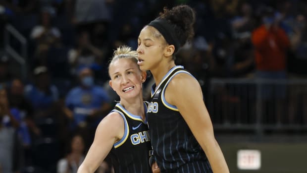 Aug 20, 2022; Chicago, Illinois, USA; Chicago Sky guard Courtney Vandersloot (22) and forward