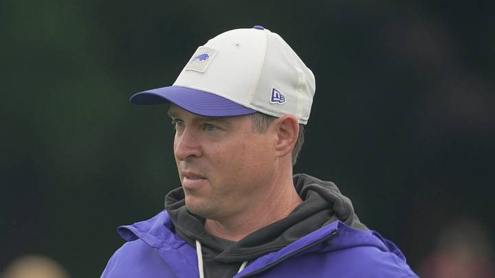Bills defensive coordinator Jim Leonhard walks off the field after Bills Training Camp at St. John Fisher University on July 29, 2026 in Pittsford