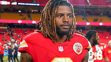 Aug 22, 2025; Kansas City, Missouri, USA; Kansas City Chiefs cornerback Kristian Fulton (8) leaves the field after the game against the Chicago Bears at GEHA Field at Arrowhead Stadium.