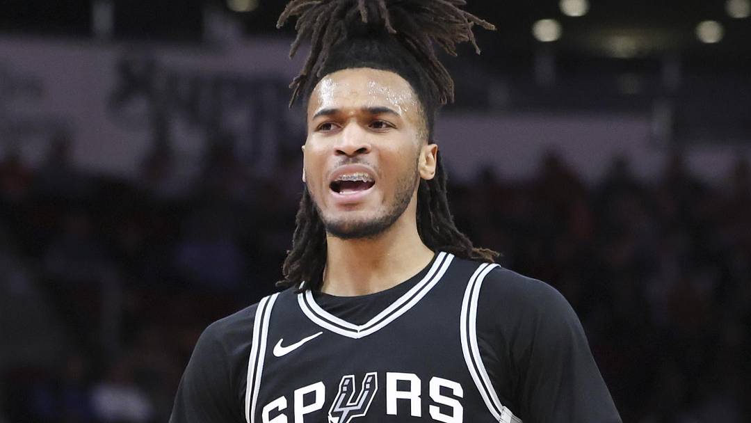 Feb 26, 2025; Houston, Texas, USA; San Antonio Spurs guard Stephon Castle (5) reacts after a play during the second quarter against the Houston Rockets at Toyota Center. Mandatory Credit: Troy Taormina-Imagn Images