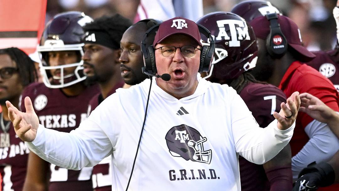 Sep 27, 2025; College Station, Texas, USA; Texas A&M Aggies head coach Mike Elko reacts against the Auburn Tigers during the fourth quarter at Kyle Field. Mandatory Credit: Maria Lysaker-Imagn Images 