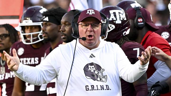 Sep 27, 2025; College Station, Texas, USA; Texas A&M Aggies head coach Mike Elko reacts against the Auburn Tigers during the fourth quarter at Kyle Field. Mandatory Credit: Maria Lysaker-Imagn Images 