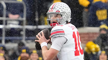 Ohio State Buckeyes quarterback Julian Sayin (10) looks to pass during the NCAA football game against the Michigan Wolverines at Michigan Stadium in Ann Arbor, Mich. on Nov. 29, 2025. Ohio State won 27-9.