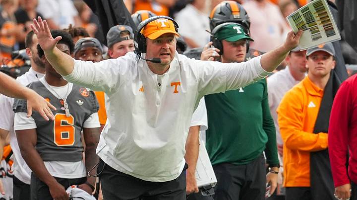 Tennessee coach Josh Heupel waves during a college football game between Tennessee and Auburn at Neyland Stadium in Knoxville, Tenn., on Oct. 3, 2026.