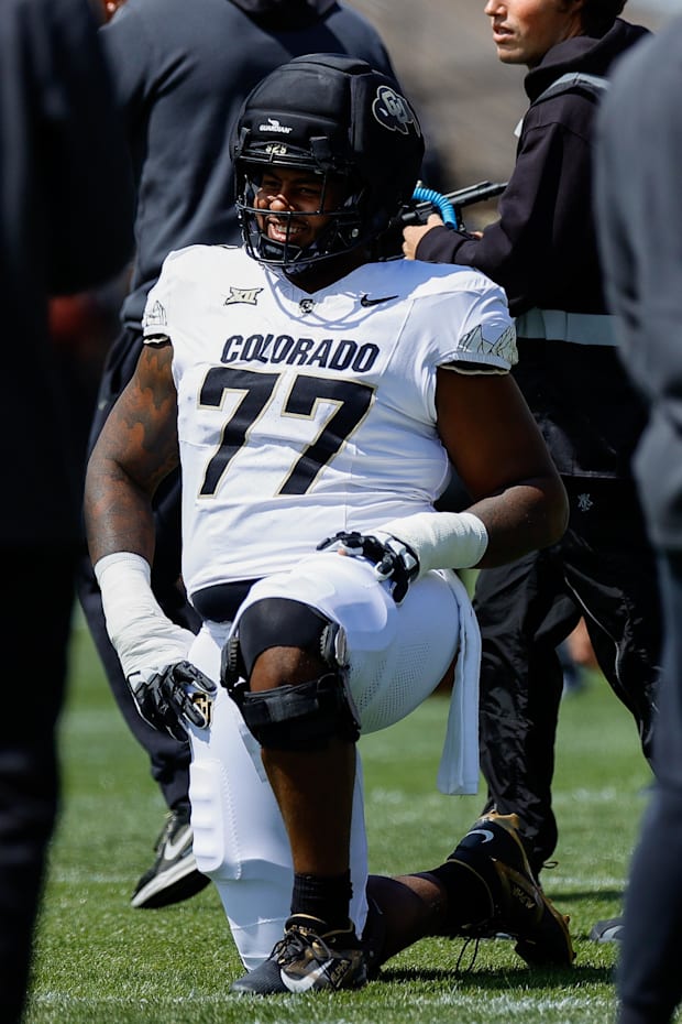 Apr 19, 2025; Boulder, CO, USA; Colorado Buffaloes offensive tackle Jordan Seaton (77) during the spring game at Folsom Field