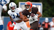 Cleveland Browns wide receiver Damon Sheehy-Guiseppi (15) runs by Indianapolis Colts cornerback Jalen Collins (32) during their preseason training camp practice at Grand Park in Westfield on Wednesday, August 14, 2019.

Colts Preseason Training Camp
