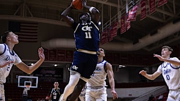Georgia Tech's Baye Ndongo (11) drives the lane against Drake during the Emerald Coast Classic 3rd-place game at Raider Arena in Niceville, Fla., Nov. 29, 2025. Drake won the game 84-74. (Tyler Orsburn/News Herald)