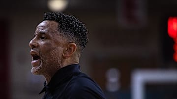 Damon Stoudamire, Georgia Tech's head coach, is seen during the Drake game at Raider Arena in Niceville, Fla., Nov. 29, 2025. Drake won the Emerald Coast Classic consolation game 84-74. (Tyler Orsburn/News Herald)