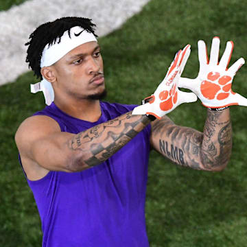 Wide receiver Diondre Overton practices catching during Clemson Pro Day at the Poe Indoor Facility in Clemson Thursday, March 12, 2020.