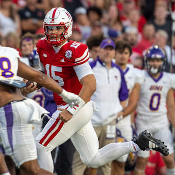 Nebraska quarterback Dylan Raiola scrambles for 15 yards against Northern Iowa.