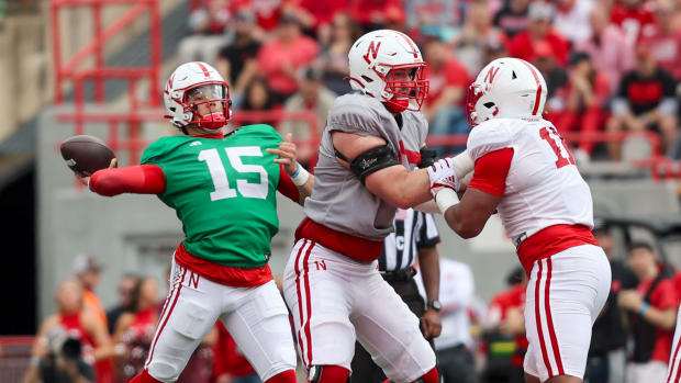 Dylan Raiola throws a touchdown pass during the 2024 Nebraska football Red-White spring game.
