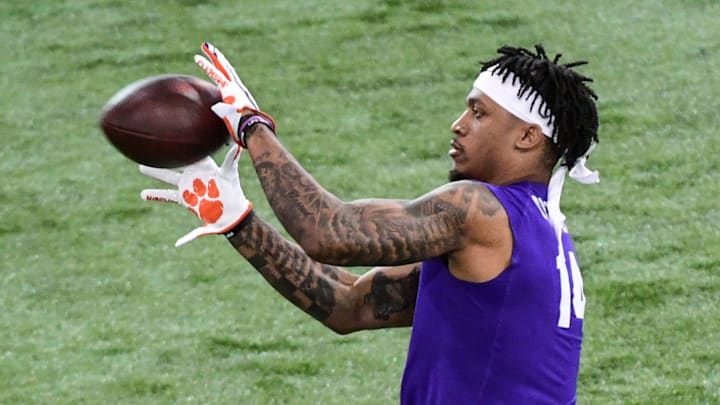 Wide receiver Diondre Overton catches a ball during Clemson Pro Day at the Poe Indoor Facility in Clemson Thursday, March 12, 2020