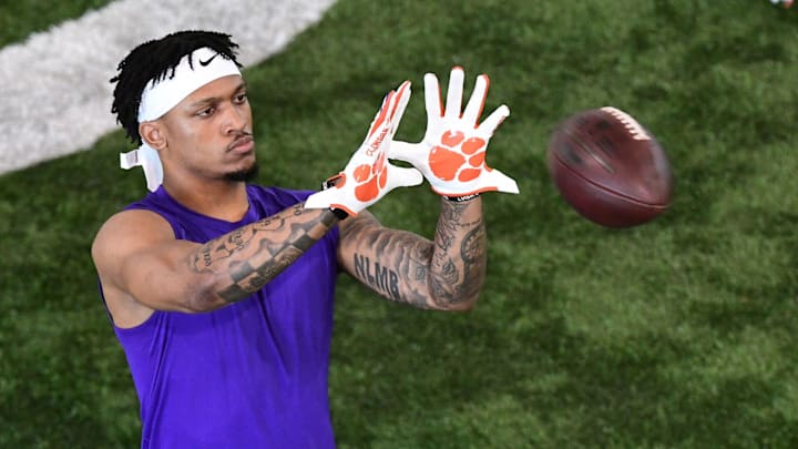 Wide receiver Diondre Overton practices catching during Clemson Pro Day at the Poe Indoor Facility in Clemson Thursday, March 12, 2020.