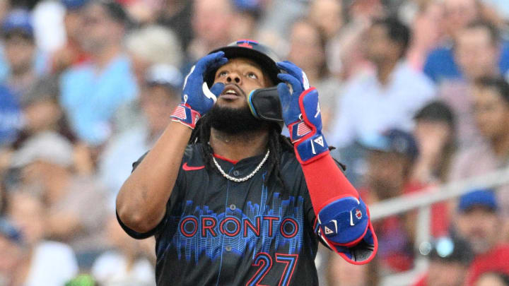 Toronto Blue Jays first baseman Vladimir Guerrero Jr. (27) reacts after hitting a single against the Boston Red Sox in the first inning at Rogers Centre on June 17.
