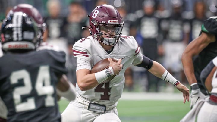 Flour Bluff's Jayden Paluseo runs the ball during Saturday's game against Southwest at the Alamodome on Nov. 30, 2024, in San Antonio, Texas. Flour Bluff's Jayden Paluseo runs the ball during Saturday's game against Southwest at the Alamodome on Nov. 30, 2024, in San Antonio, Texas.