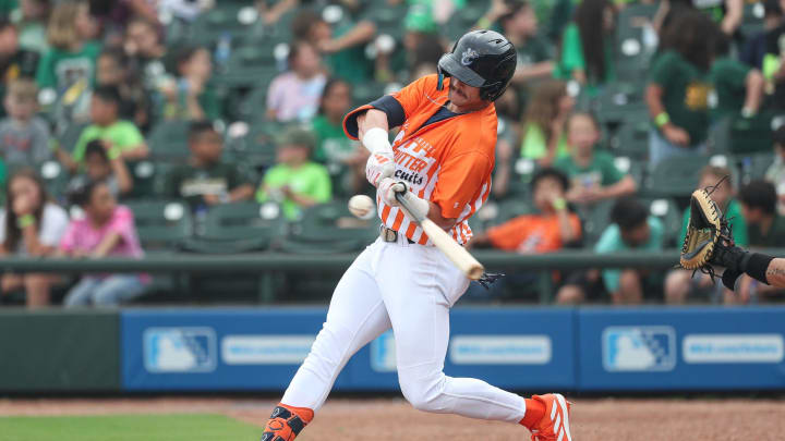 Hooks batter Jacob Melton fouls off a ball during Education Day at Whataburger Field, Wednesday, May 8, 2024, in Corpus Christi, Texas.