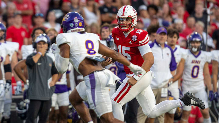 Nebraska quarterback Dylan Raiola scrambles for 15 yards against Northern Iowa.