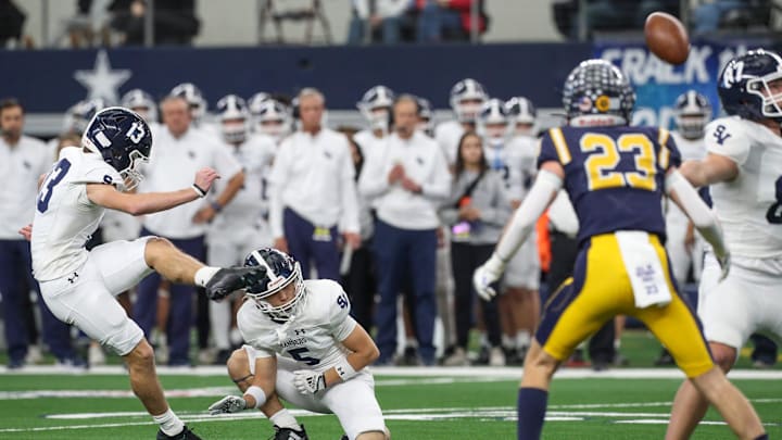 Smithson Valley's Trent Amaya kicks a field goal during the Class 5A, Division I State Championship game on Saturday, Dec. 21, 2024, at AT&T Stadium in Arlington, Texas. He's one of the top returning kickers in 2025.