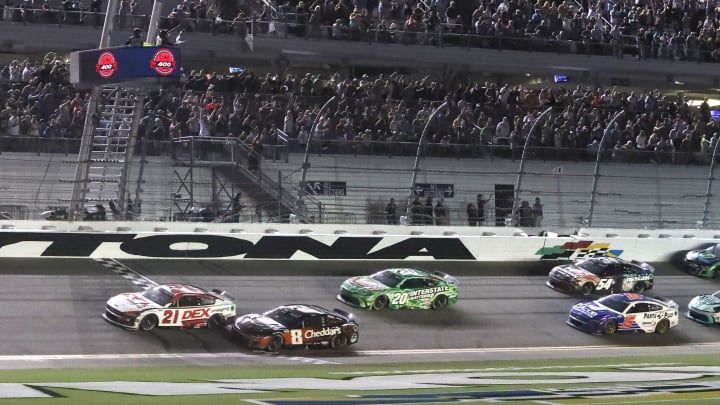 Harrison Burton no. 21 beats Kyle Busch no. 8 to the finish line, Saturday August 24, 2024 to win the Coke Zero Sugar 400 at Daytona International Speedway.