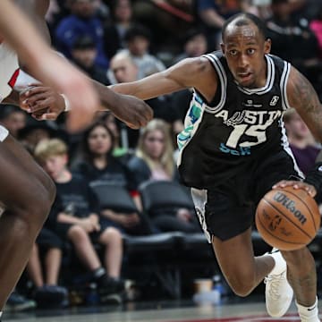 Austin Spurs' Jamaree Bouyea drives to the basket during a game on Sunday, March 10, 2024, at American Bank Center in Corpus Christi, Texas.