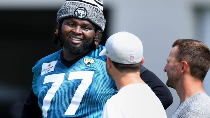 Jacksonville Jaguars offensive tackle Anton Harrison (77) on the field during the organized team activity session Monday, June 3, 2024 at Miller Electric Center in Jacksonville, Fla.