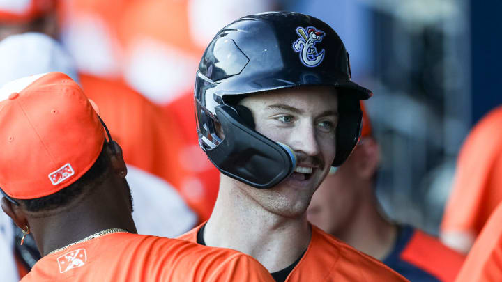 Hooks center fielder Jacob Melton celebrates a home run in the dugout on Wednesday, Sept. 6, 2023, at Whataburger Field in Corpus Christi, Texas.