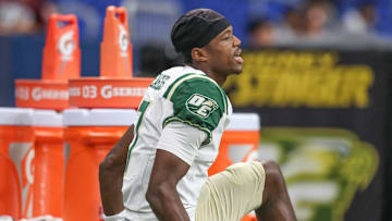 DeSoto's Ethan Feaster warms up after halftime during Friday's game at the Alamodome on Sept. 13, 2024, in San Antonio, Texas.