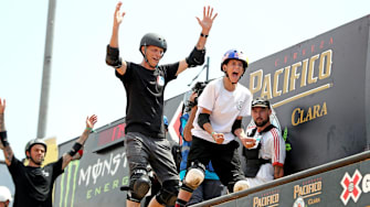 Skateboarding legend and competitor Tony Hawk reacts to what became the gold medal winning trick by Gui Khury, 14, of Brazil during the Skateboard Vert Best Trick at X Games 2023 in Ventura.