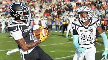 Team Icon's Naeshaun Montgomery (4) catches a touchdown pass against Team Unstoppable during the Under Armour All-America Game Thursday, Jan. 2, 2025 at Spec Martin Stadium in DeLand.
