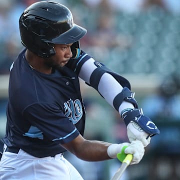 Hooks' Brice Matthews bats during the game against the Amarillo Sod Poodles at Whataburger Field on Thursday, August 1, 2024, in Corpus Christi, Texas.