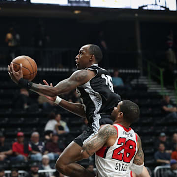 Austin Spurs' Jamaree Bouyea shoots a layup during a game on Sunday, March 10, 2024, at American Bank Center in Corpus Christi, Texas.