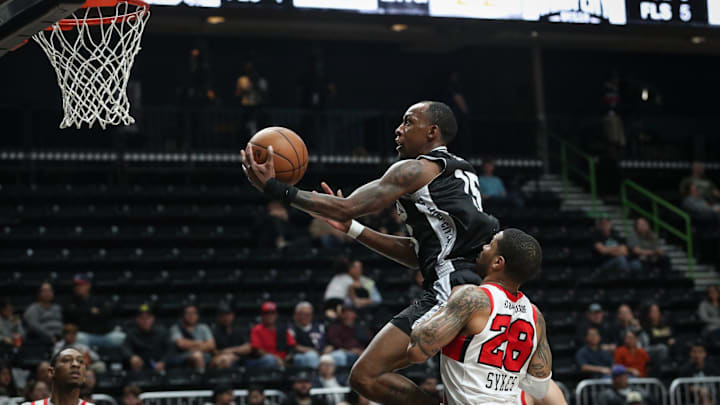 Austin Spurs' Jamaree Bouyea shoots a layup during a game on Sunday, March 10, 2024, at American Bank Center in Corpus Christi, Texas.